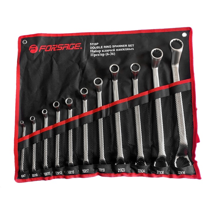 Gyűrűskulcs készlet, FORSAGE, Szénacél, 11 részes, 6-36 mm, Króm