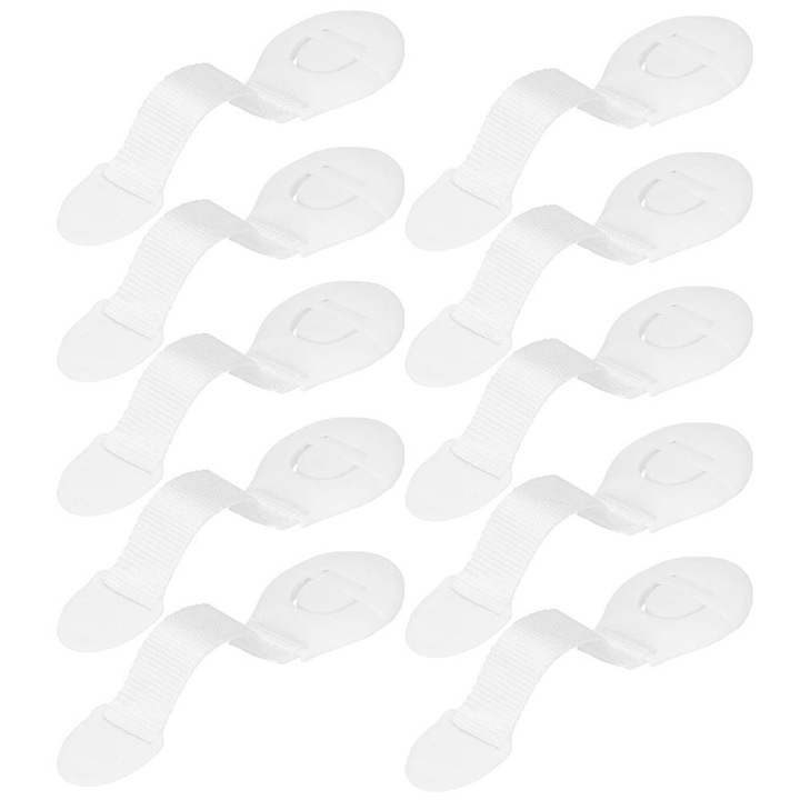 Set 10 sigurante blocator sertare si usi, plastic si textil, ajustabile, 20 cm, alb