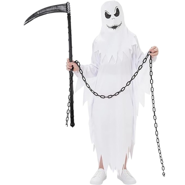 Costum pentru copii model Fantoma, Geplaimir, set din 4 piese - Roba, masca fluorescenta, coasa, lant de plastic, tinuta cosplay Halloween, petrecere, bal mascat, 110-120 cm, marimea M, Alb