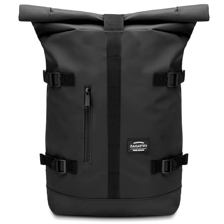 Rucsac barbati, Zagatto, Negru, Tip Rolltop, Ghiozdan de zi cu zi, Urban, Dimensiuni 46/62x40x12 cm, Impermeabil, Capacitate 37L, Buzunar laptop, Multifunctional, Bretelele confortabile si respirabile, Casual, Sport, Calatorii, ZG862