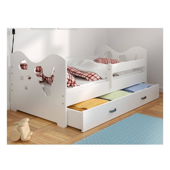 Leesésgátlós gyerekágy ágyneműtartóval -Dinoszauruszos 160x80cm matrac nélkül, fehér