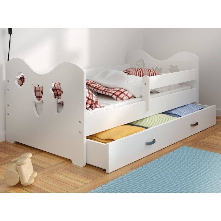 Leesésgátlós gyerekágy ágyneműtartóval -virágos 160x80cm matrac nélkül, fehér