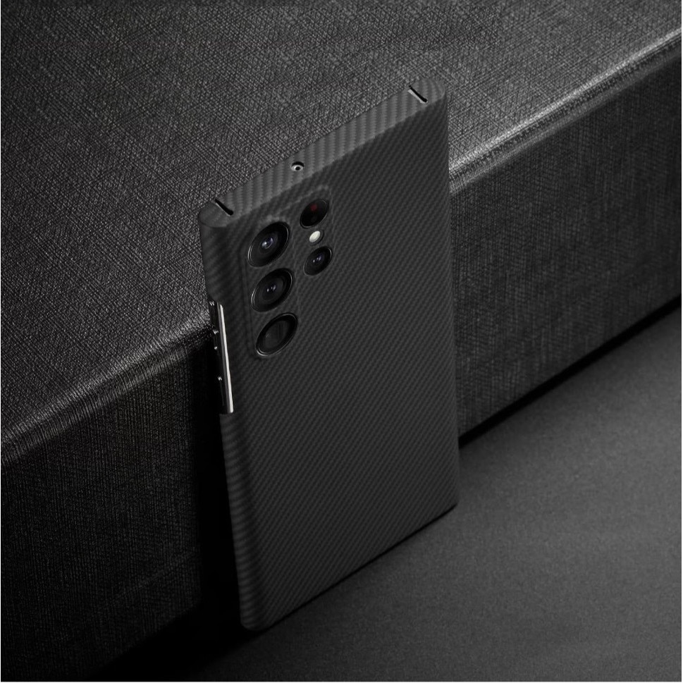 Husa protectie din Kevlar compatibila cu Samsung Galaxy S24 Ultra, din Fibra de Carbon, Aramida, ultra slim, ultra rezistenta, protectie camera, Negru, ISAG