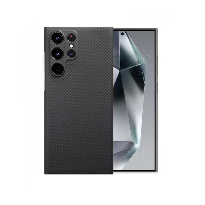 Husa protectie din Kevlar compatibila cu Samsung Galaxy S24 Ultra, din Fibra de Carbon, Aramida, ultra slim, ultra rezistenta, protectie camera, Negru, ISAG