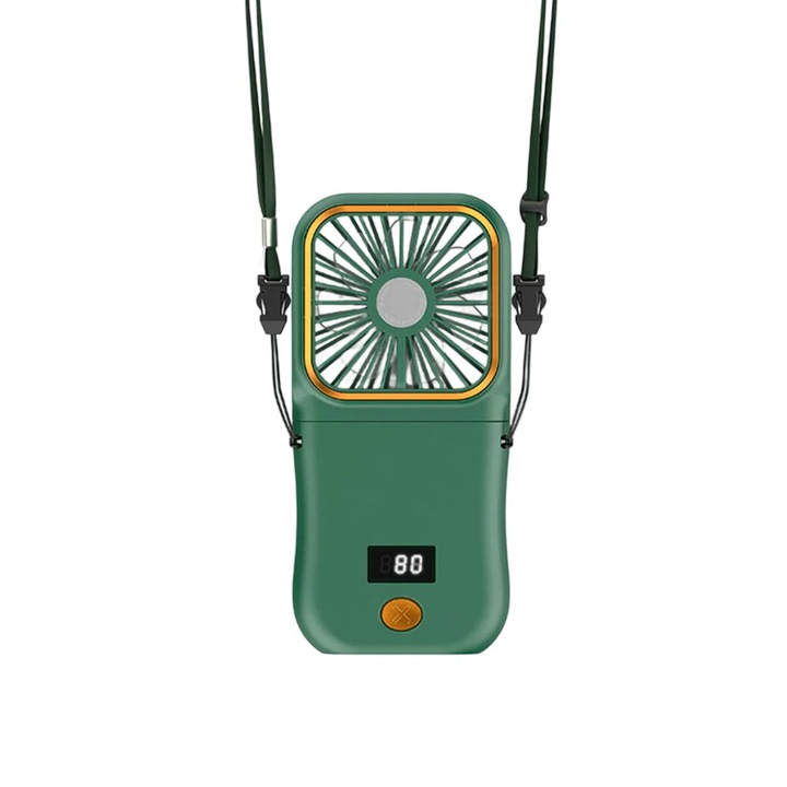 Ventilator Portabil Flippy, 3 in 1, de Mana, de Gat, de Birou, 16.7 x 8 x 1.9 cm, 3 Trepte de Viteza, Incarcare USB, Pliabil, Afisaj Digital, Suport Telefon, Verde