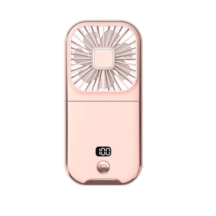 Flippy hordozható ventilátor, 3 az 1-ben, kéz, nyak, asztal, 16,7 x 8 x 1,9 cm, 3 sebesség, USB töltés, összecsukható, digitális kijelző, telefontartó, rózsaszín