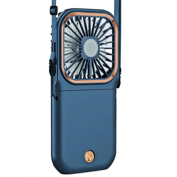Flippy hordozható ventilátor, 3 az 1-ben, kéz, nyak, asztal, 16,7 x 8 x 1,9 cm, 3 sebesség, USB töltés, összecsukható, digitális kijelző, telefontartó, kék