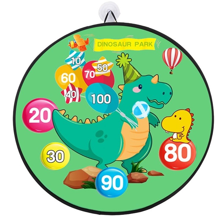 Детска игра Flippy Darts, Сгъваема дъска 36,5 см, 8 велкро топки/обикновени небеса, 2 светещи топки, Модел на динозавърския парк, зелен