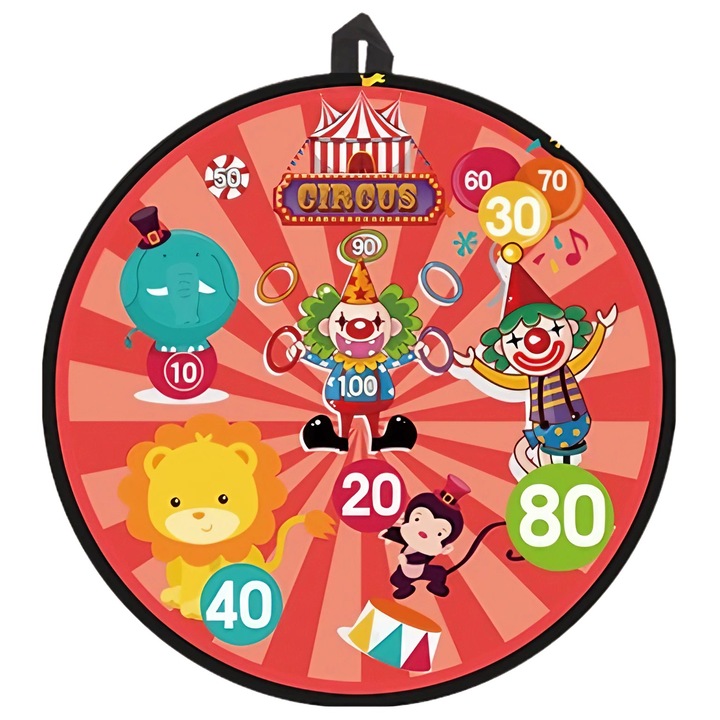 Детска игра Flippy Darts, Сгъваем дартс 36,5 см, 8 велкро топки/Simple Skies, 2 светещи топки, Цирков модел, Червен