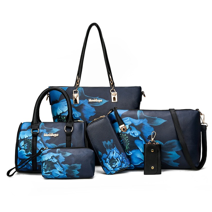 Комплект дамска чанта, Две малки чанти, Несесер, Портмоне, Ключодържател, 32x34x13, Еко кожа, Черен, 6 части