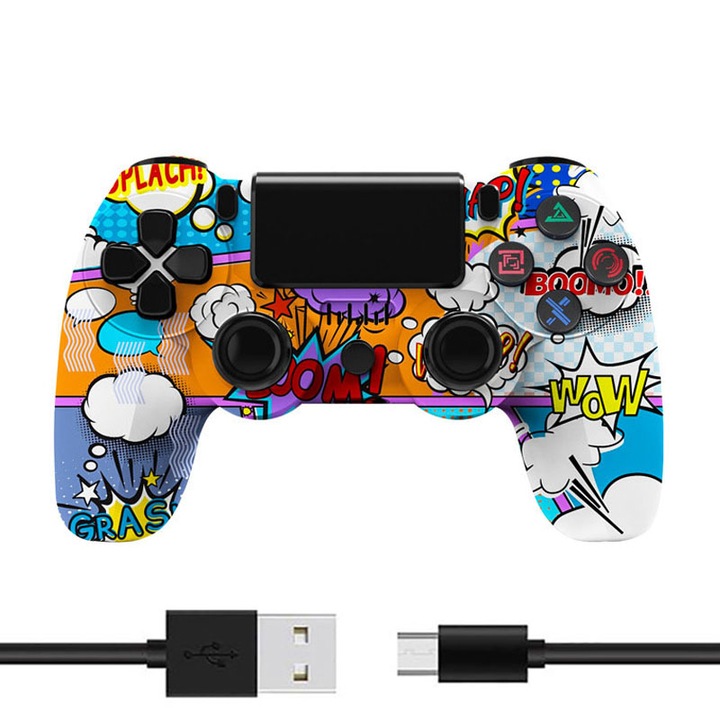 Vezeték nélküli gaming kontroller, VIELLAN, Windows/PS4/Android rendszerhez, Bluetooth és WIFI kapcsolat, Dupla vibráció, Újratölthető akkumulátor, Narancs, Kék