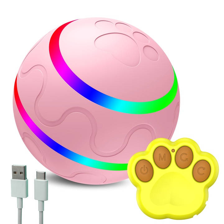 SMART labda kutyáknak és macskáknak, automatikus 360°-os forgatás és távirányító, SMART GADGETS C&A, vízálló, 8 cm átmérő, rózsaszín