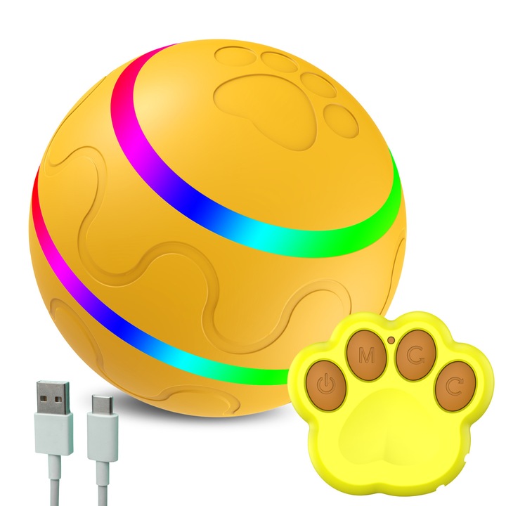 SMART labda kutyáknak és macskáknak, automatikus 360°-os forgatás és távirányító, SMART GADGETS C&A, vízálló, 8 cm átmérő, sárga