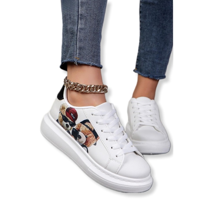 Pantofi dama sport, alb cu imprimeu, Alb