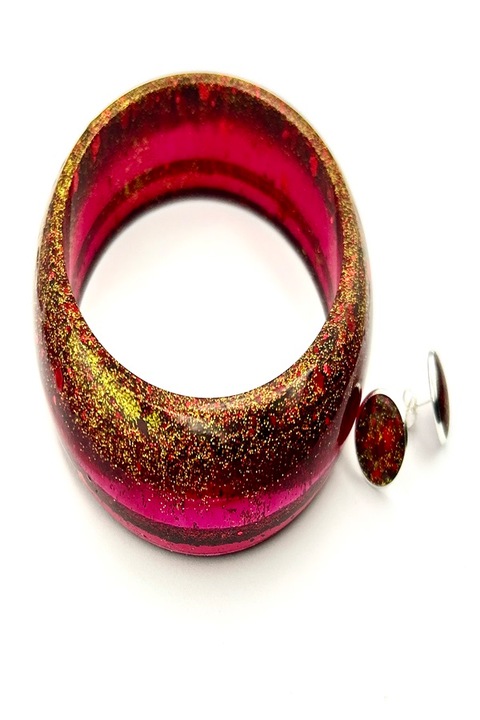 Set Bijuterii, UNICAT, Handmade, Ma Bijoux, Goldish Red, Bratara/Cercei, Rosu/ Auriu