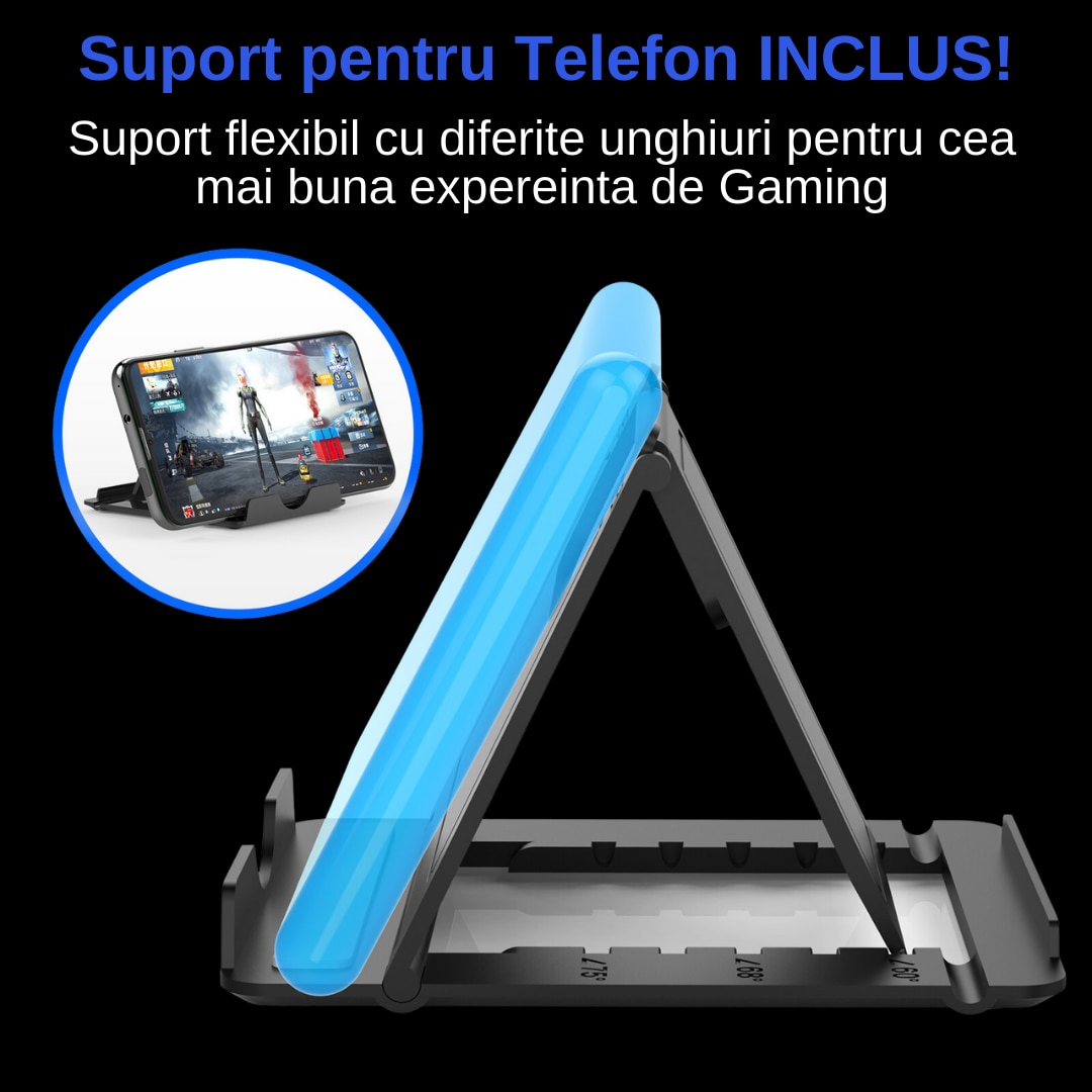 Set Gaming Telefon cu Tastatura Iluminata 39 taste One Hand si mouse,  Iluminare Rainbow, Video Game Combo, Suport Telefon Inclus, Wireless Mix SE  cu Inteligent Spray Control, Compatibil Android, Mouse Gaming 1600/2400/3200