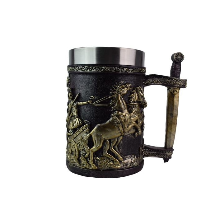 Középkori söröskorsó, 500 ml, kézzel festett, lovas