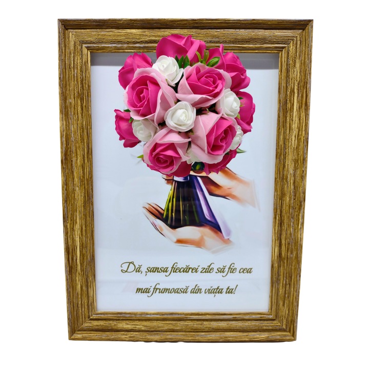 Tablou in rama A4 (30x21 cm) - Da sansa fiecarei zile sa fie cea mai frumoasa din viata ta! - v9 decorat cu flori de sapun roz inchis - roz