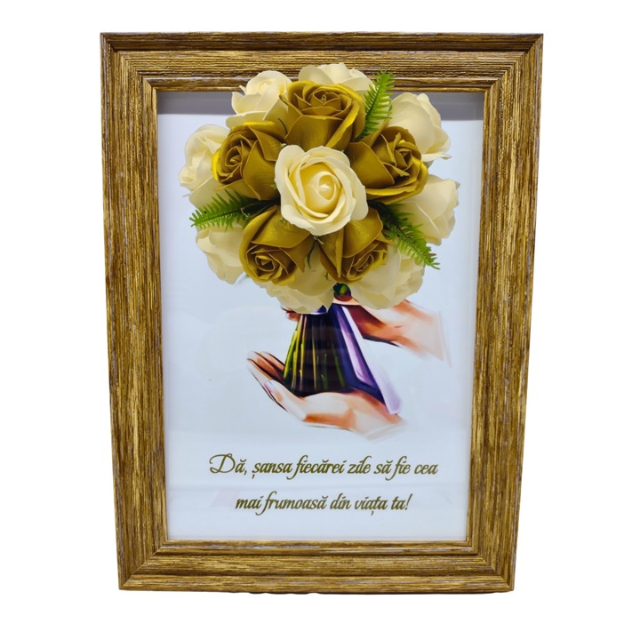 Tablou in rama A4 (30x21 cm) - Da sansa fiecarei zile sa fie cea mai frumoasa din viata ta! - v9 decorat cu flori de sapun auriu - galben