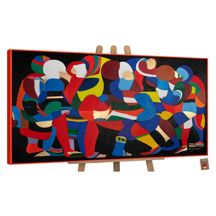 Tablou pictat manual, acrilic pe panza, Dansul culorilor si al formelor, cu rama in Rosu, 200x100 cm