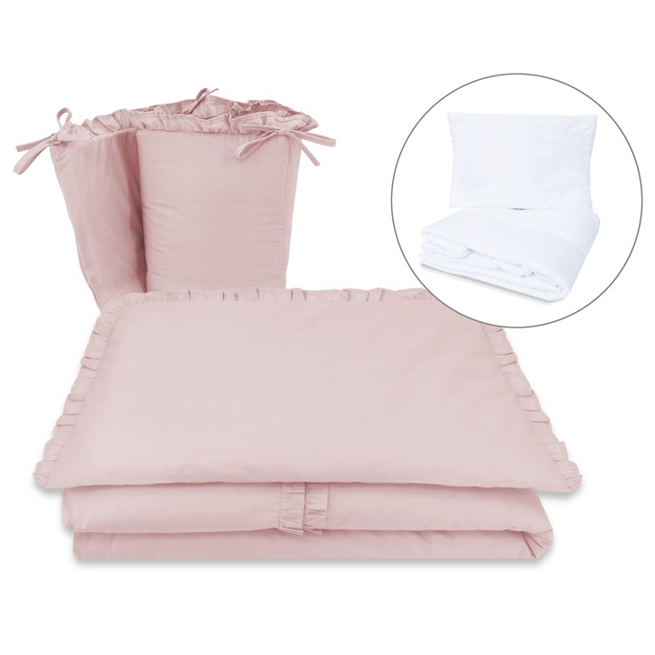 Lenjerie patut cu 5 piese, MimiNu, Pentru patut 120x60 cm, Cu volanase, Cu pilota si perna, Din bumbac certificat Oeko Tex Standard 100, Colectia Royal, Powder Pink