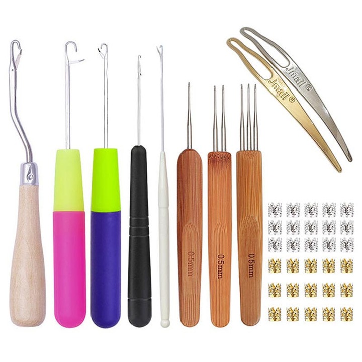 Set 40 carlige de crosetat, oein, Metal/Lemn/Plastic, Multicolor