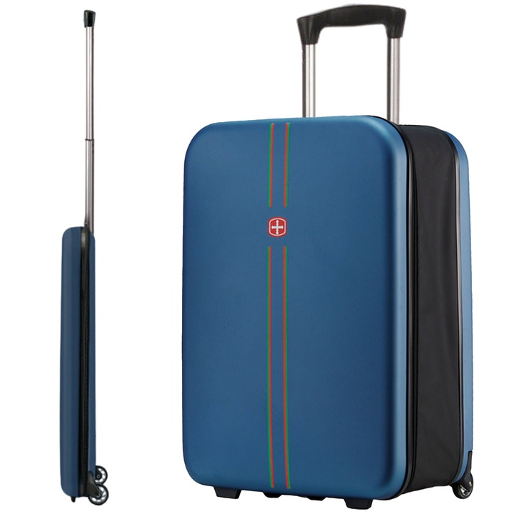 Голям сгъваем куфар за пътуване, твърд калъф от водоустойчив ABS и PC материал, 2 колела с подплатена вътрешност и 1 ключалка, телескопична дръжка, синя 65x25x40cm