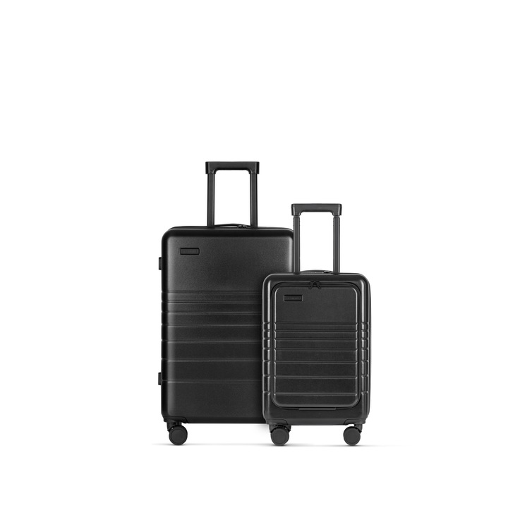 Set 2 trolere - cabina si medie, Eternitive, E1, ABS, Lacat TSA, Roti duble 360, Negru