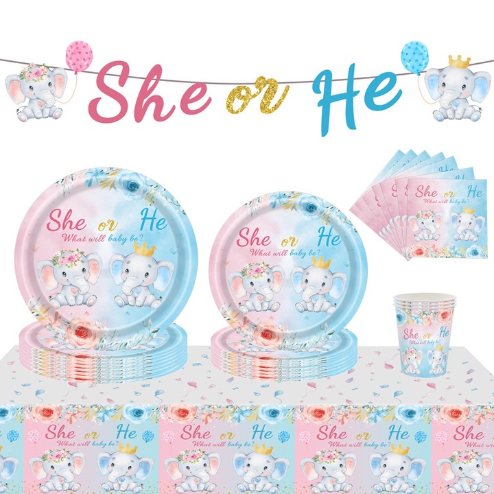 Комплект за декорация Gender Reveal, салфетки/чинии/посуда/покривка/банер, многоцветен