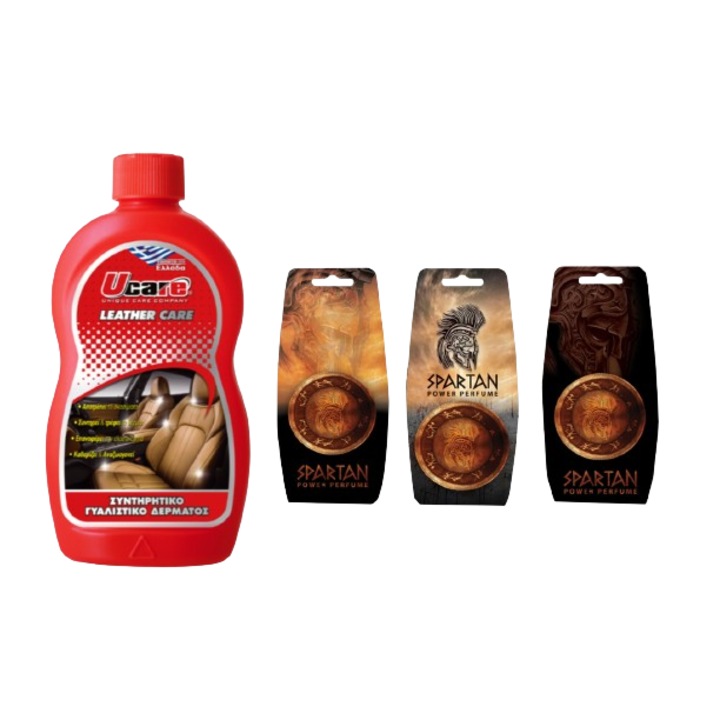 Комплектът за грижа UCARE съдържа: 1 крем за грижа и поддръжка на кожени тапицерии на основата на пчелен восък 500 мл и 3 ароматизатора за кола Spartan гама 3 смесени аромати