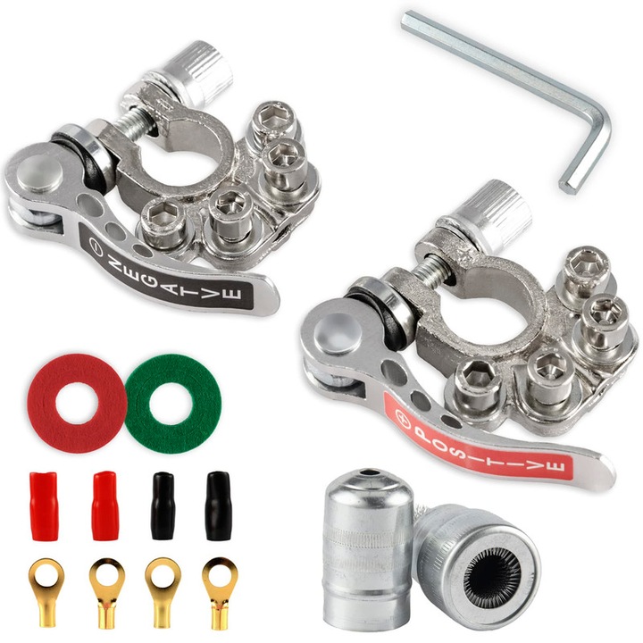 autós akkumulátor csatlakozók, 4 kivezetéssel és gyorskioldó bilincsekkel, hőre csatlakoztatható csővel, gyűrűs vezetősarokkal, 2 db korróziógátló alátéttel és tisztítókefével, sárgaréz, ezüst