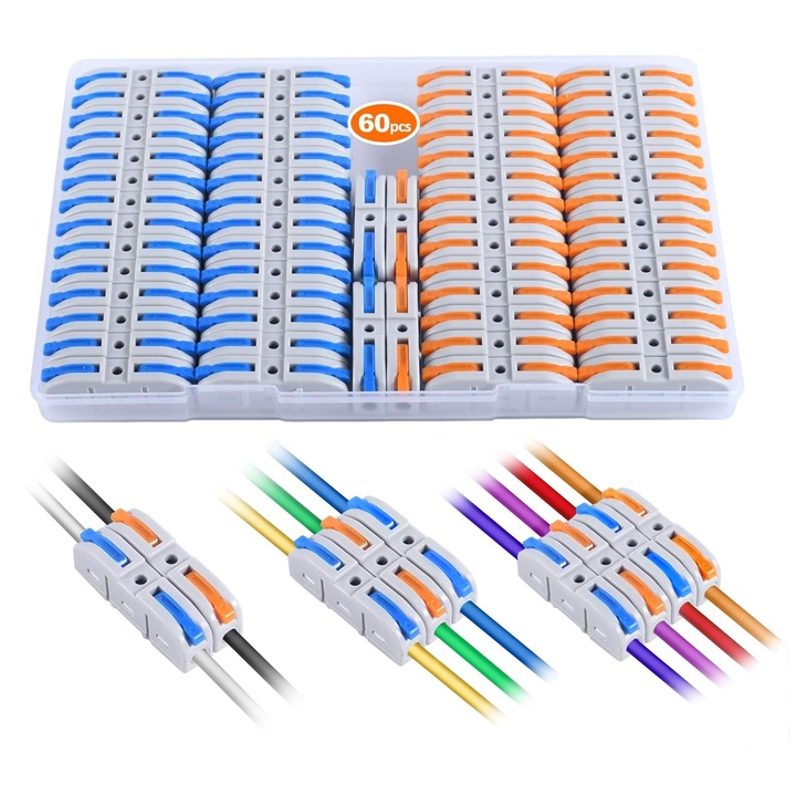 Set 60 bucati Conectori rapizi pentru conductori electrici, 250-600V, cu levier, plastic, Albastru/Portocaliu