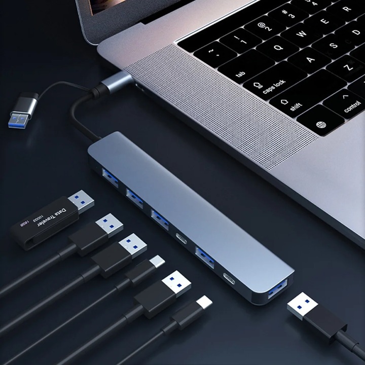 HUB Adapter Multiport 7 in 1 TICUSAN Type C/USB, 5x USB, 2x Type-C, Docking Station for Laptop, Grey