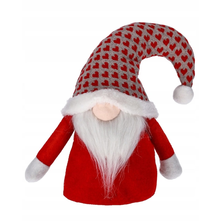 Karácsonyi dísz, szakállas törpe, piros és szürke, 17x25 cm