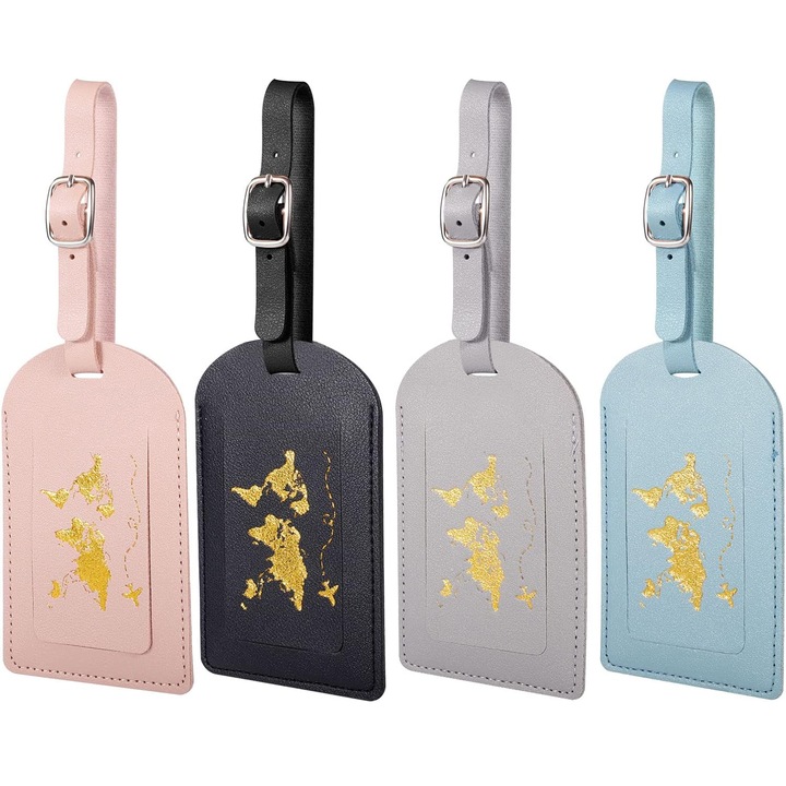 4 db-os bőrönd címke készlet, 7 x 12 cm, ökológiai bőr, többszínű