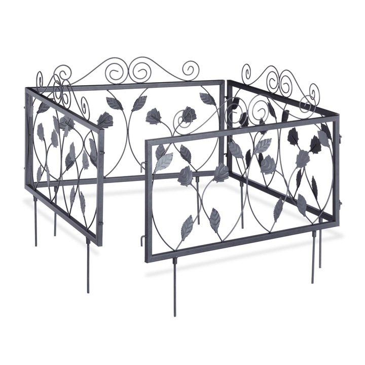 Gard decorativ din 4 piese, infingere in sol, fier, negru, 47 x 56, 5 x 1, 5 cm