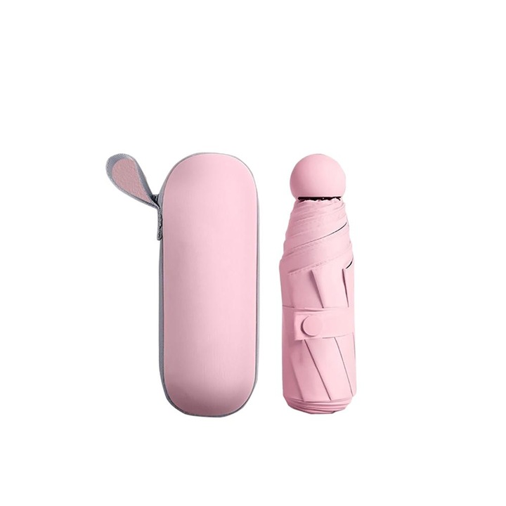 Mini umbrela mica cu cutie, design usor si compact, perfecta pentru calatorii, usoara, roz