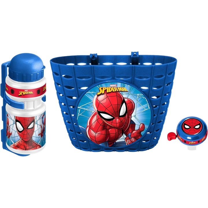Set trei accesorii pentru bicicleta copii, cos, sonerie si sticla apa, multicolor, Spiderman