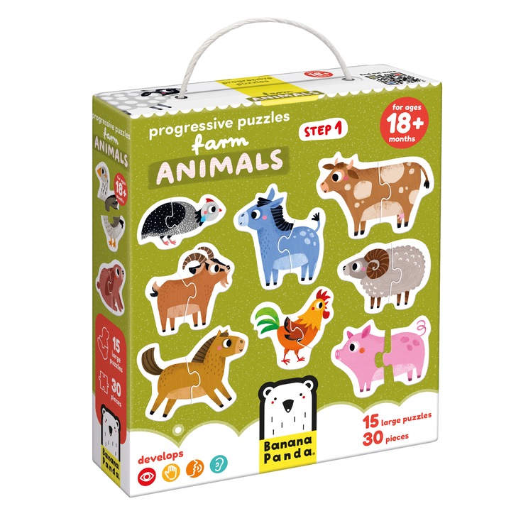 Kirakós játék gyerekeknek és babáknak, Banana Panda, Progressive Puzzles Farm Animals, 15 haszonállat 2 darabból, életkor +18 hónap