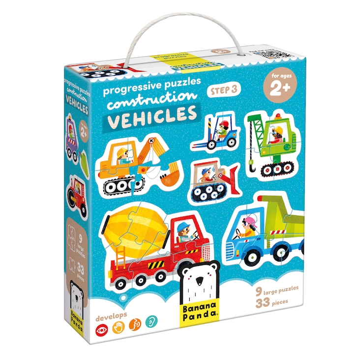 Rejtvény gyerekeknek és babáknak, Banana Panda, Progressive Puzzles Építőipari járművek, 9 db 2-6 darabos építkezési jármű, életkor +2 év