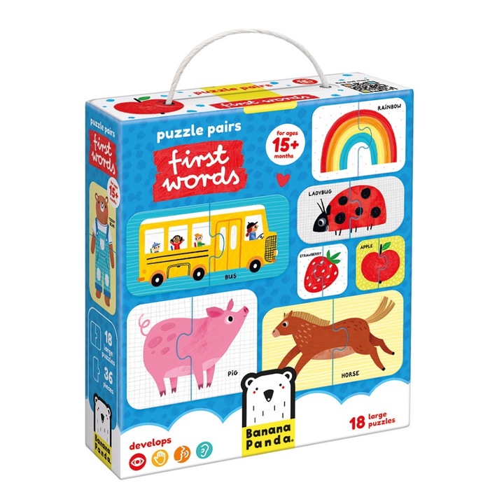 Kirakós játék gyerekeknek és babáknak, Banán Panda, Puzzle Pairs First Words, 36 darab, 18 kép gyümölcsökkel, állatokkal, járművekkel 2 darabból