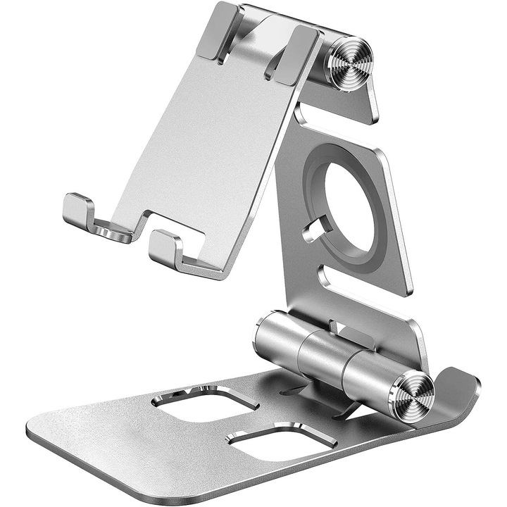 +Qual alumínium telefon/táblagép állvány, minimalista kialakítás, csúszásgátló rendszer, összecsukható, hordozható, prémium felületek, ezüst