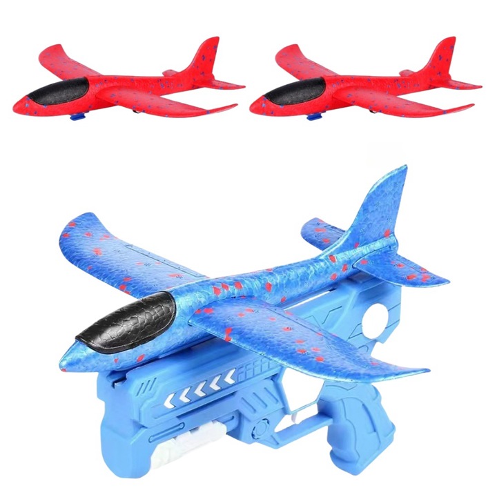 Indító és 3 repülőgép készlet, TasyPins, hab, 3 év+, kék/piros