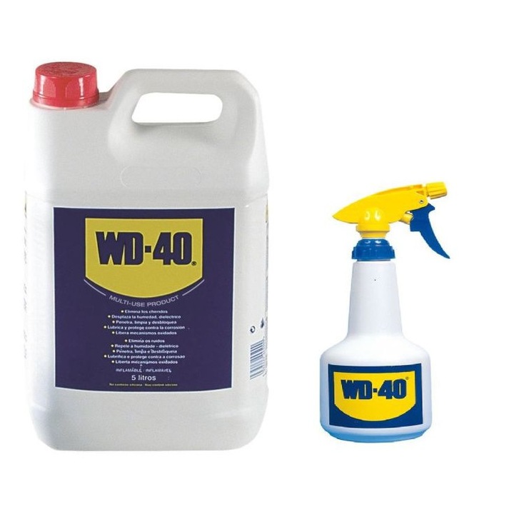 Solutie universala WD 40 5L special pentru utilizatori profesionisti si clienti industriali, indeparteaza apa, lubrifiaza si indeparteaza grasimea persistenta si cenusie, previne rugina si protejeaza componentele electrice
