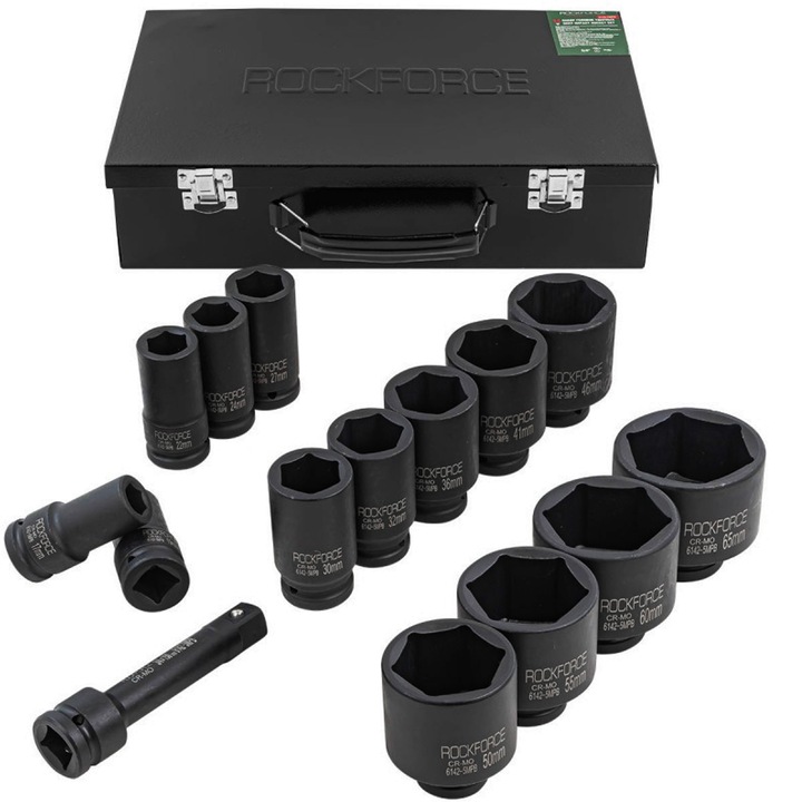 Set chei tubulare hexagonale Rockforce RF-6142-5MPB, 14 piese, 17-65mm, cu prelungitor, in valiza metalica
