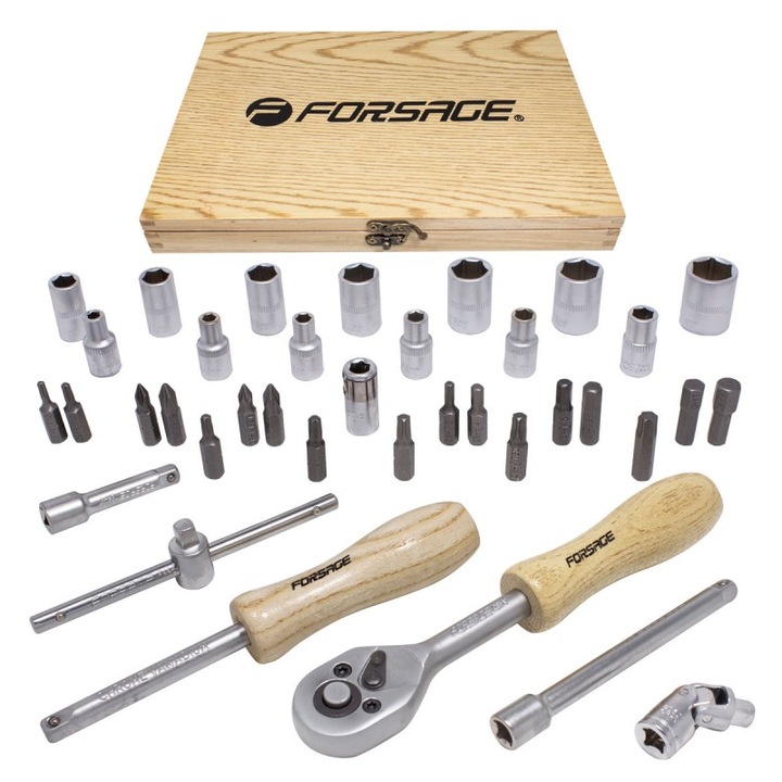 Set de scule si accesorii pentru gaurit si insurubat Forsage, 38 piese, otel crom-vanadiu, etui inclus, in cutie de lemn