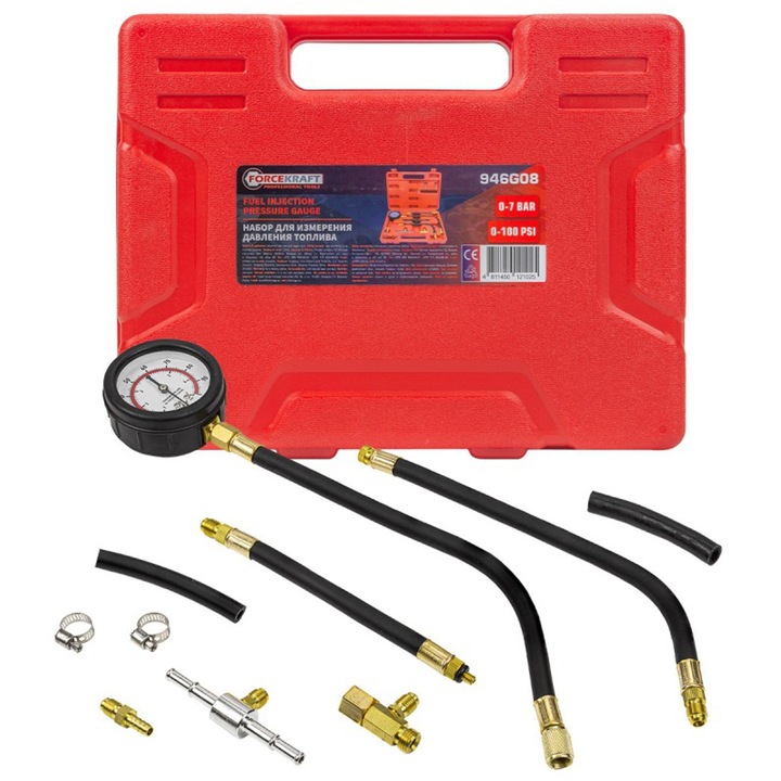 Üzemanyag nyomásmérő, Forcekraft, gumi/alumínium, 7 bar, fekete/arany