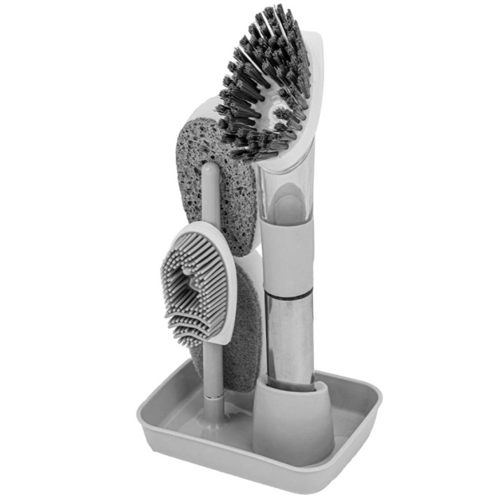 Set perii de curatat cu dispenser detergent si 4 capete interschimbabile, WMC, gri