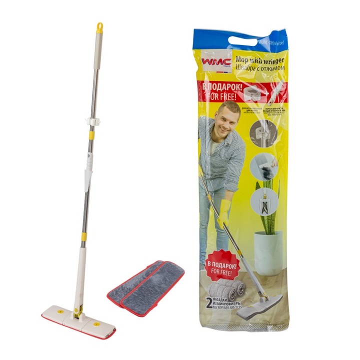 Mop plat cu mecanism de stoarcere, WMC, Microfibra, 35x15cm, Alb, 115-128cm