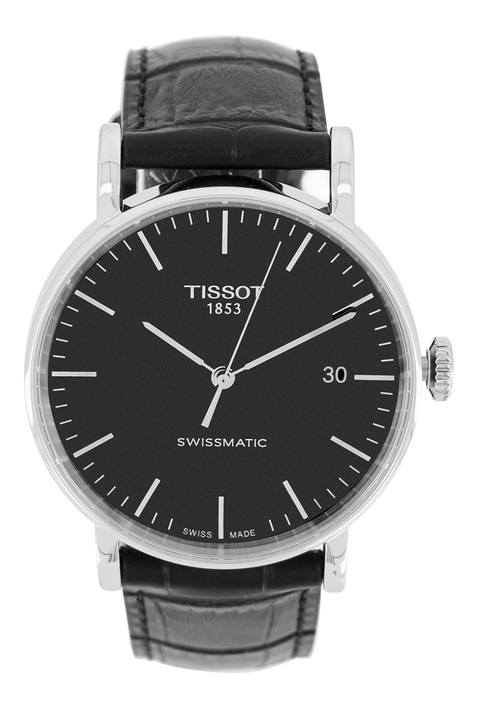Tissot, Кварцов часовник с кожена каишка, Сребрист, Черен
